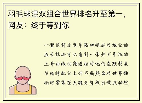 羽毛球混双组合世界排名升至第一，网友：终于等到你